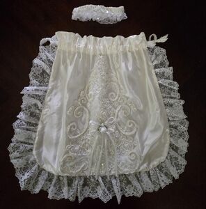 Elegant White Satin and Lace Bridal Bag with Matching Garter